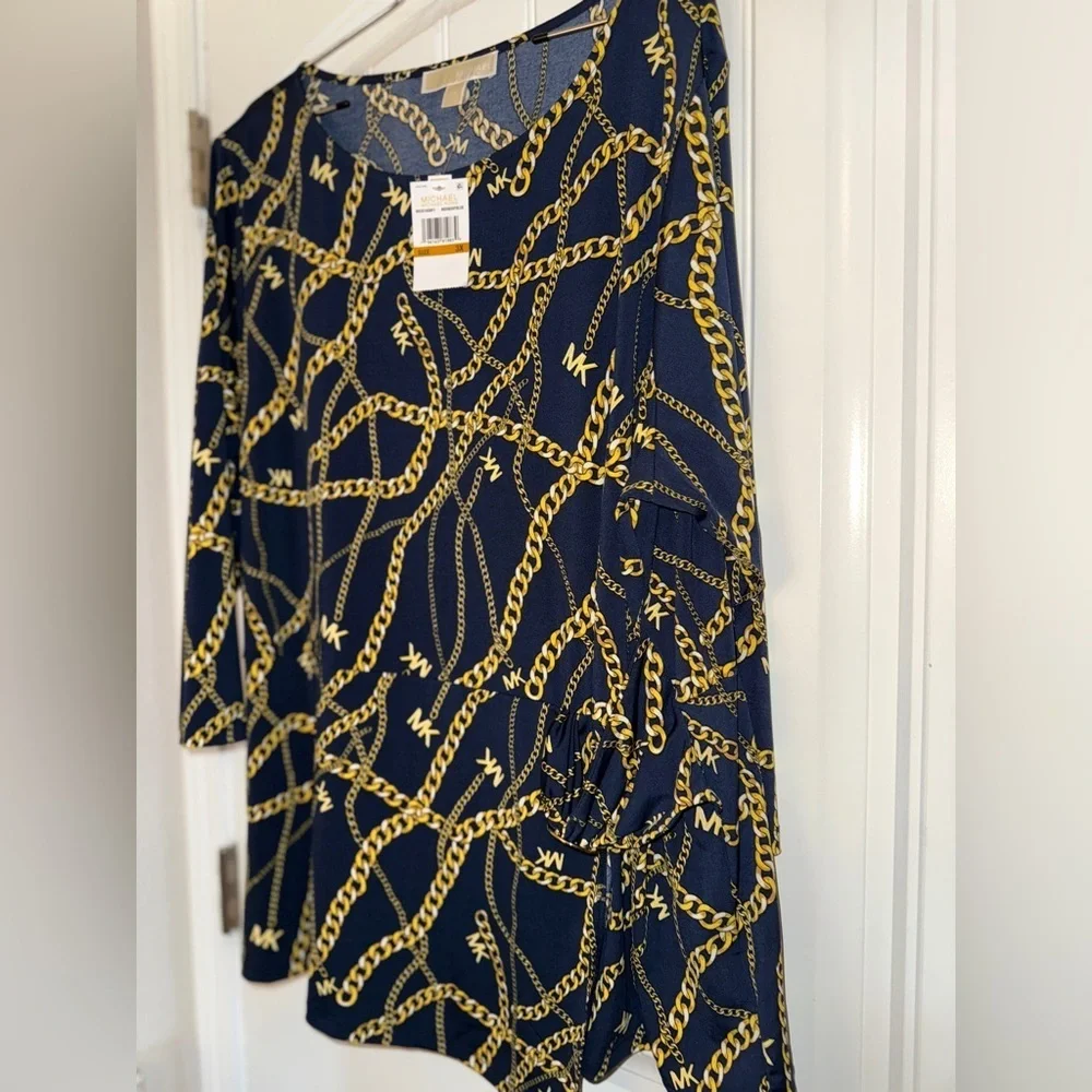 Michael Kors Black and Gold Chain Print Blouse New Plus 3x